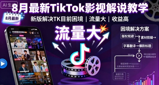 8月最新TikTok影视解说教学，新版解决TK目前困境，流量大，收益高-恒创联盟资源网