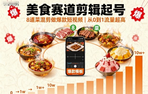 美食赛道剪辑起号，8道菜混剪做爆款短视频，从0到1，流量超高-恒创联盟资源网