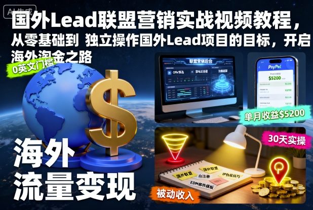 国外Lead联盟营销实战视频教程，从零基础到独立操作国外Lead项目的目标，开启海外淘金之路-恒创联盟资源网