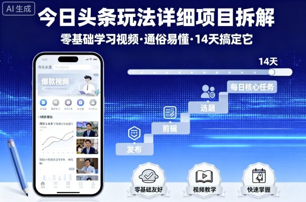 今日头条玩法详细项目拆解，零基础学习视频 通俗易懂 14天搞定它-恒创联盟资源网