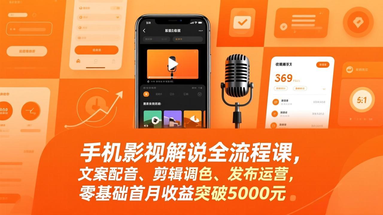 手机影视解说全流程课,文案配音、剪辑调色、发布运营,零基础首月收益突破5000元-恒创联盟资源网