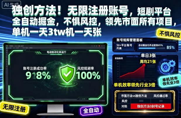 独创方法！无限注册账号，短剧平台全自动掘金，不惧风控，领先市面所有项目，单机一天3张【揭秘】-恒创联盟资源网