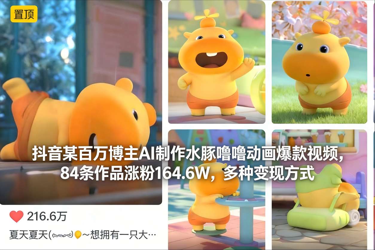 抖音某百万博主AI制作水豚噜噜动画爆款视频，84条作品涨粉164.6W，多种变现方式-恒创联盟资源网