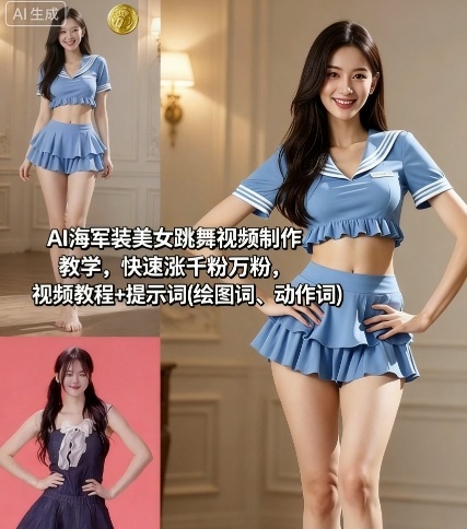 AI海军装美女跳舞视频制作教学，快速涨千粉万粉，视频教程+提示词(绘图词、动作词)-恒创联盟资源网