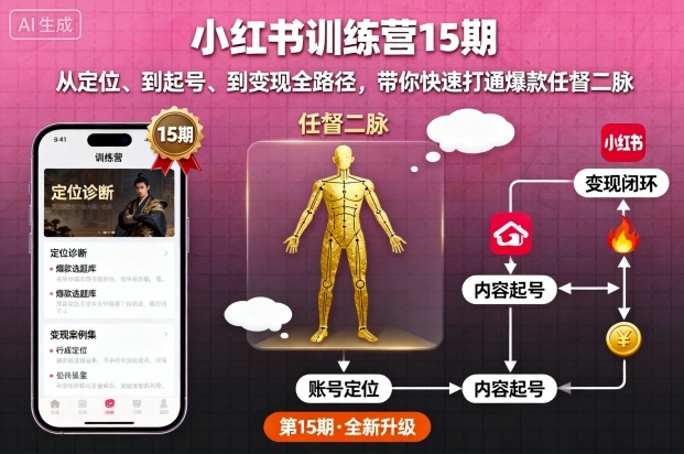 小红书训练营15期，从定位、到起号、到变现全路径，带你快速打通爆款任督二脉-恒创联盟资源网